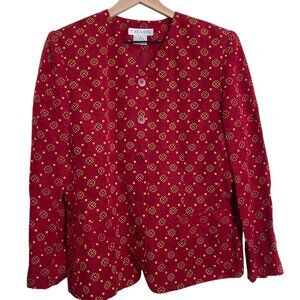 Chaus Red Button Front Blazer Silk Linen Red with Gold Print, Size 14